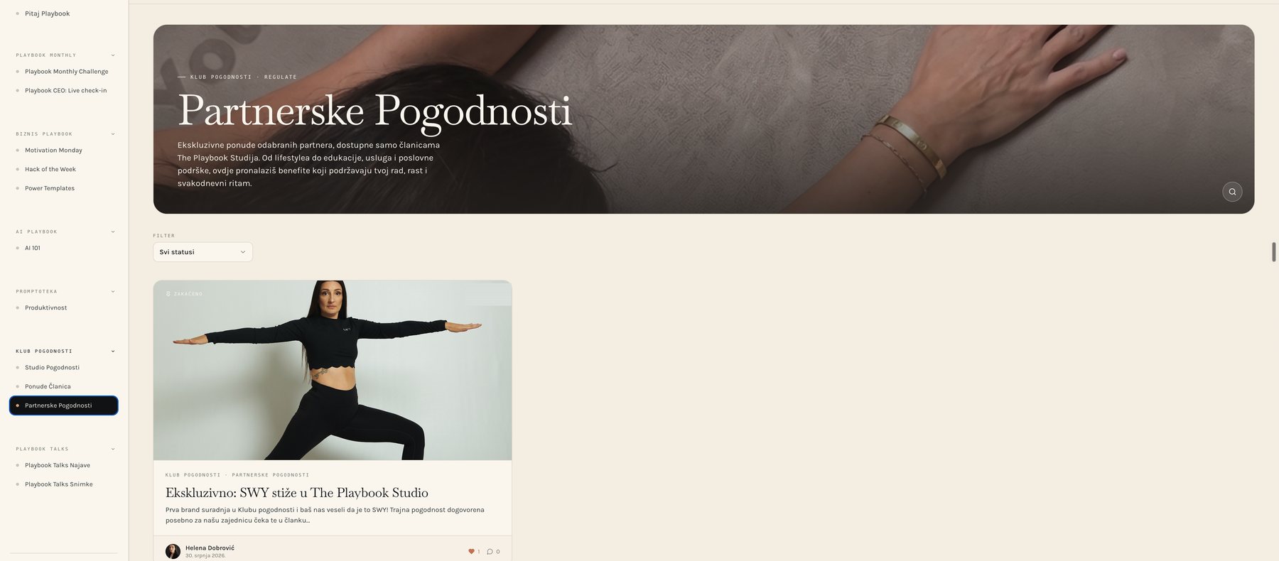 Modul Klub pogodnosti u platformi The Playbook Studio, sekcija Partnerske pogodnosti